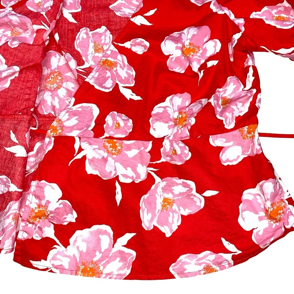 Old Navy Floral Wrap Blouse Puff Sleeves Large Red Cotton Lightweight V Neck